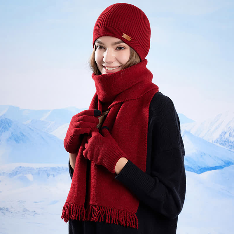 3Pcs Solid Color Knitted Beanie Hat Scarf Gloves Set - image 21