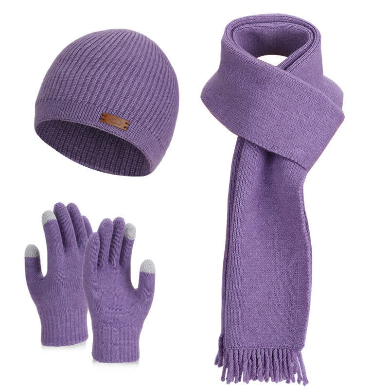 3Pcs Solid Color Knitted Beanie Hat Scarf Gloves Set - Purple - Adjustable (21 5/8"-23 5/8") - image 13