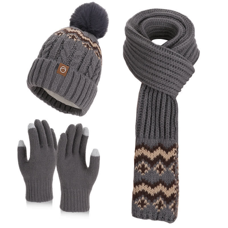 3Pcs Charming Wave Pattern Pom Pom Hat Scarf Gloves Set - Gray - Adjustable (21 5/8"-23 5/8") - image 6