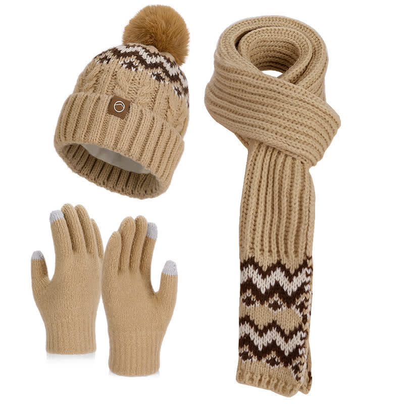 3Pcs Charming Wave Pattern Pom Pom Hat Scarf Gloves Set - Dark Khaki - Adjustable (21 5/8"-23 5/8") - image 4