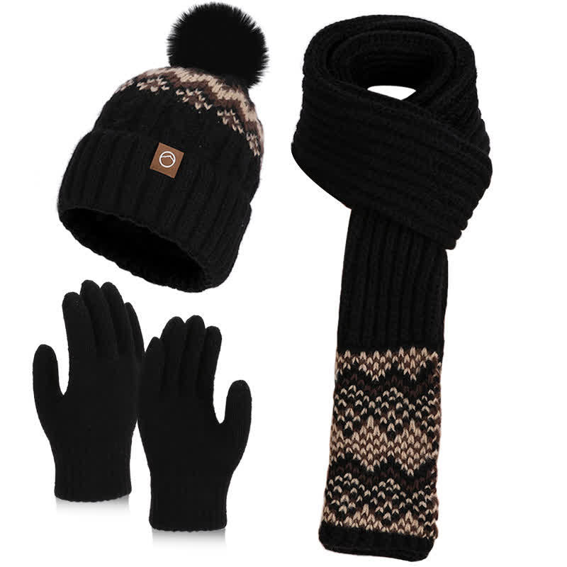 3Pcs Charming Wave Pattern Pom Pom Hat Scarf Gloves Set - Black - Adjustable (21 5/8"-23 5/8") - image 5