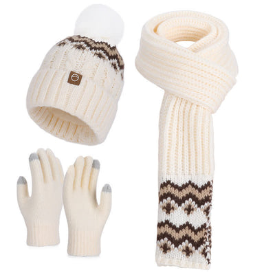 3Pcs Charming Wave Pattern Pom Pom Hat Scarf Gloves Set - Beige - Adjustable (21 5/8"-23 5/8") - image 3