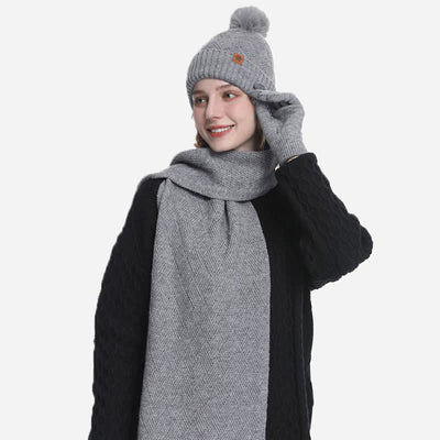 3Pcs Solid Color Fluffy Pom Pom Hat Scarf Gloves Set - image 14