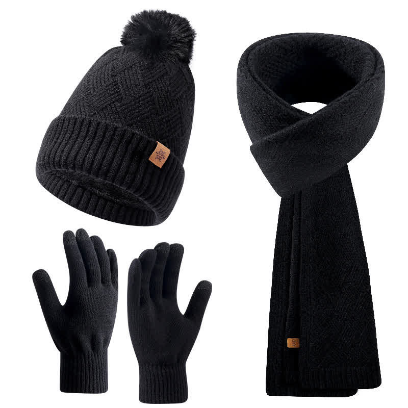 3Pcs Solid Color Fluffy Pom Pom Hat Scarf Gloves Set - Black - Adjustable (21 1/4"-22 7/8") - image 7