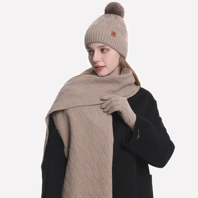 3Pcs Solid Color Fluffy Pom Pom Hat Scarf Gloves Set - image 12