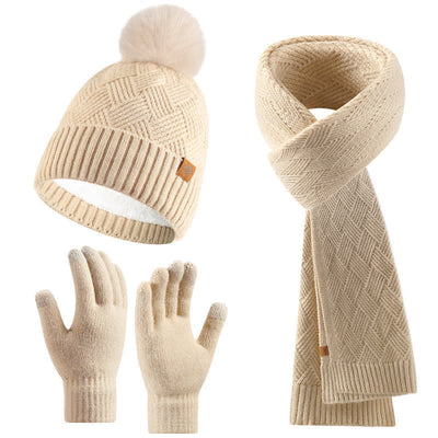 3Pcs Solid Color Fluffy Pom Pom Hat Scarf Gloves Set - Beige - Adjustable (21 1/4"-22 7/8") - image 0