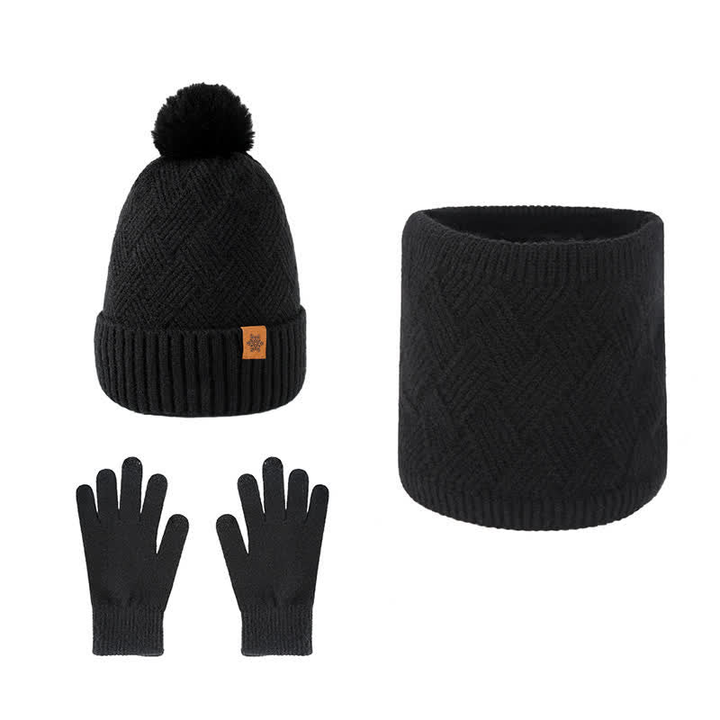 3Pcs Weaving Pattern Hat Neck Gaiter Gloves Set - Black - Adjustable (21 1/4"-22 7/8") - image 8