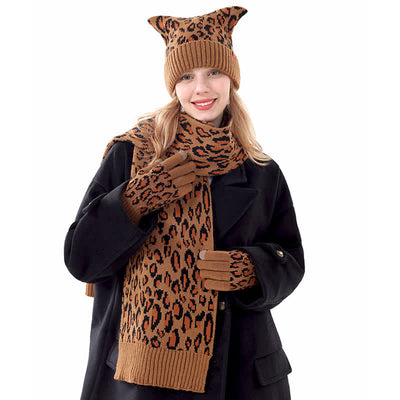3Pcs Leopard Print Cute Cat Ear Hat Scarf Gloves Set - image 1