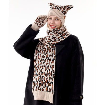 3Pcs Leopard Print Cute Cat Ear Hat Scarf Gloves Set - image 9