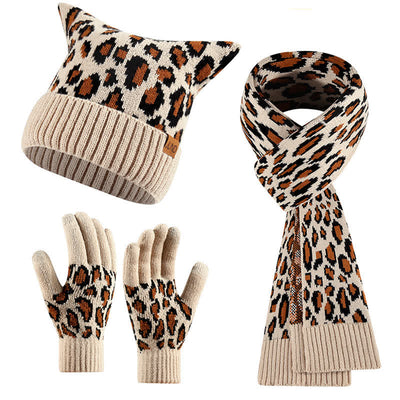 3Pcs Leopard Print Cute Cat Ear Hat Scarf Gloves Set - Beige - Adjustable (21 1/4"-22 7/8") - image 8