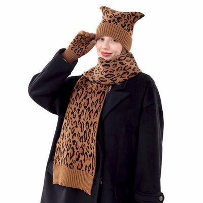 3Pcs Leopard Print Cute Cat Ear Hat Scarf Gloves Set - image 2