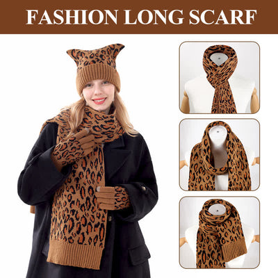 3Pcs Leopard Print Cute Cat Ear Hat Scarf Gloves Set - image 4
