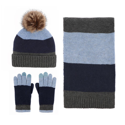 3Pcs Triple Color Block Warm Hat Scarf Gloves Set - Dark Blue - Adjustable (21 1/4"-22 7/8") - image 10