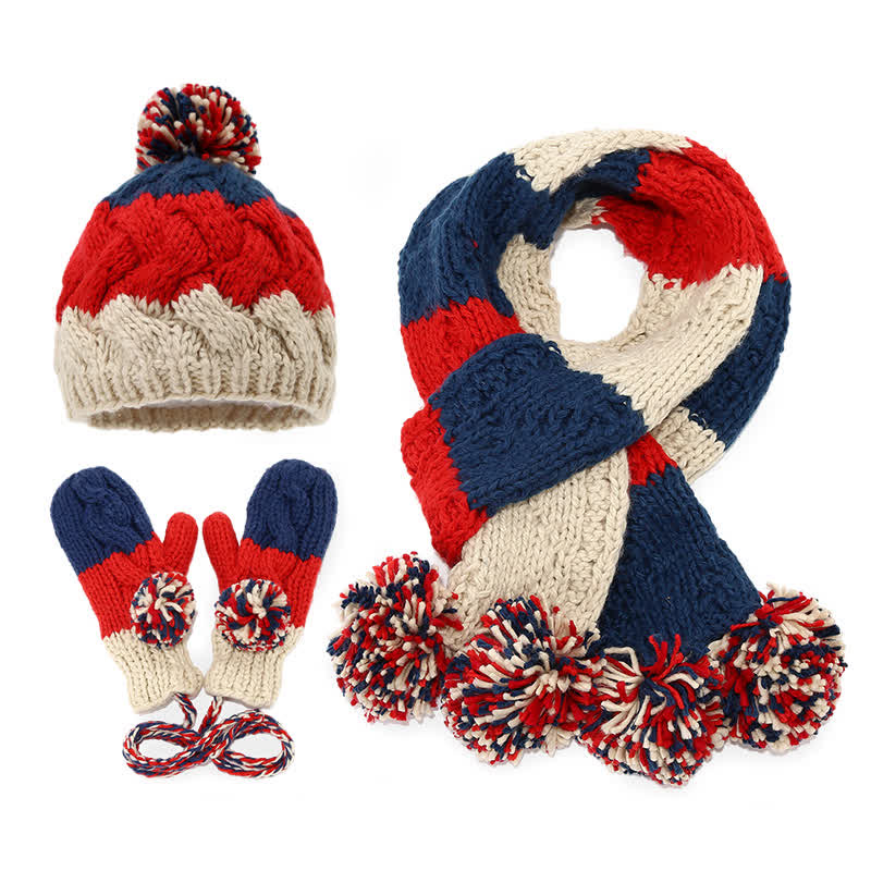 3Pcs Twist Design Hat Scarf Gloves Set With Pom Pom - Red & Blue - Adjustable (21 1/4"-22 7/8") - image 0