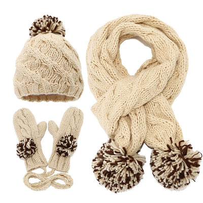 3Pcs Twist Design Hat Scarf Gloves Set With Pom Pom - Beige - Adjustable (21 1/4"-22 7/8") - image 7