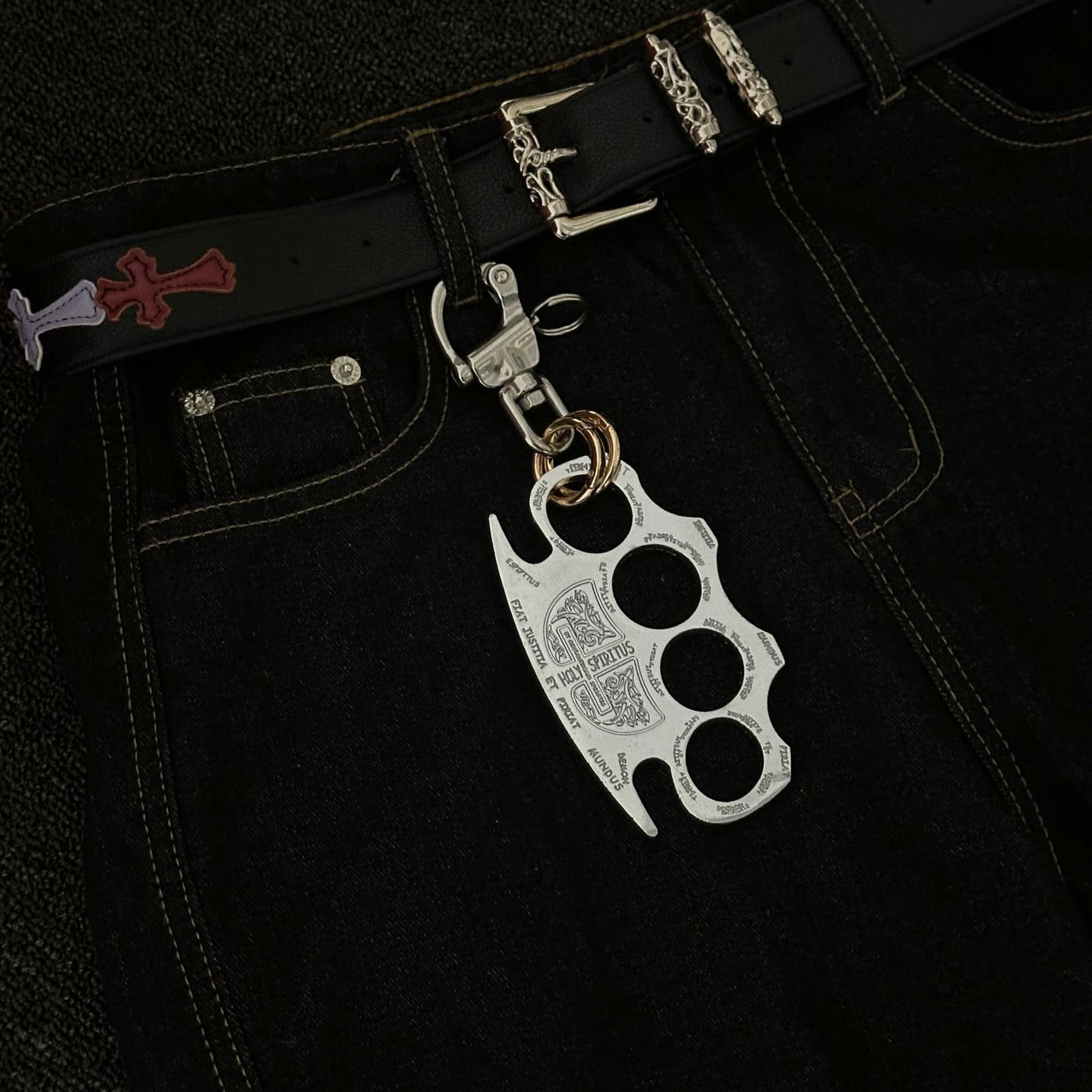 Silver Self-defense Knuckle Duster Double Ring Keychain - image 1