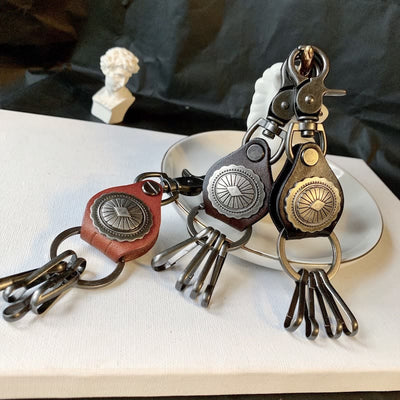 Vintage Silver Round Leather Keychain With Pendant - image 0