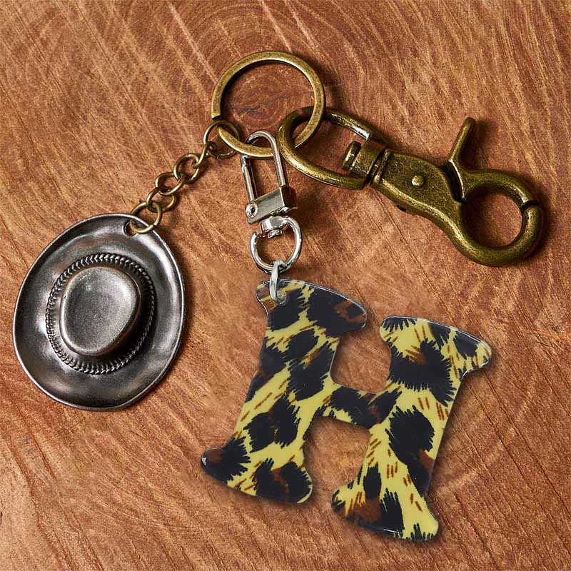 Leopard Print Letter & Cowboy Hat Pendant Keychain - Brass Keychain + Silver Hat - H - image 15