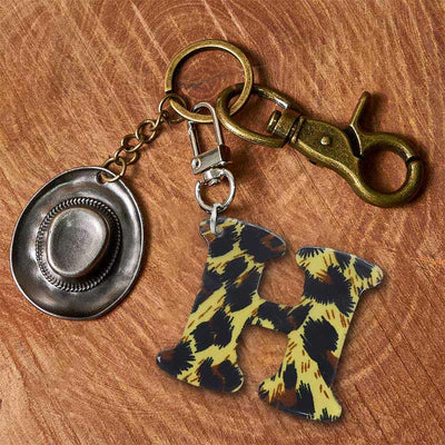Leopard Print Letter & Cowboy Hat Pendant Keychain - Brass Keychain + Silver Hat - H - image 15