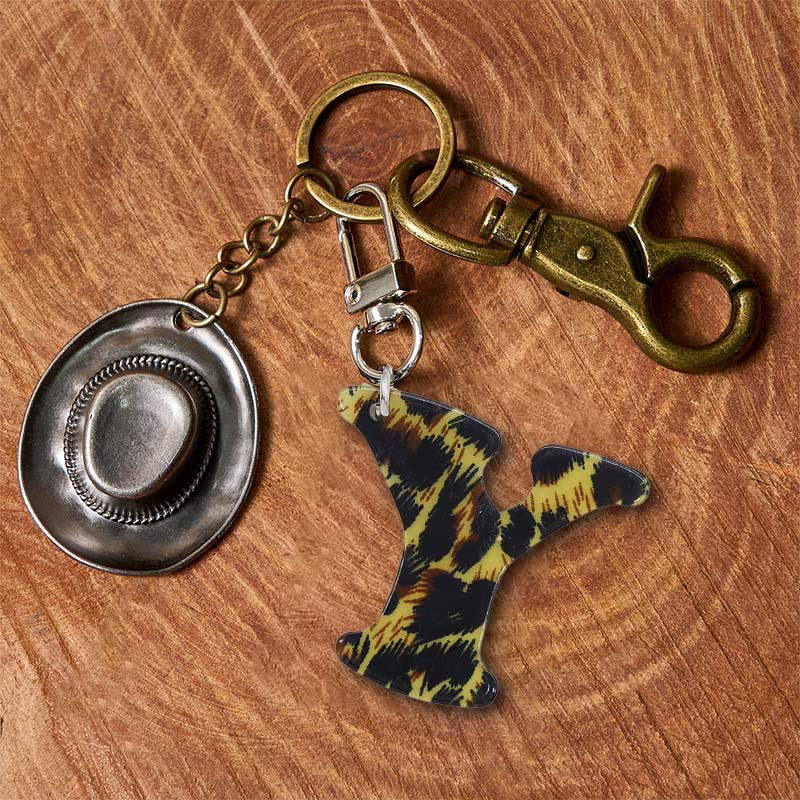 Leopard Print Letter & Cowboy Hat Pendant Keychain - Brass Keychain + Silver Hat - Y - image 32