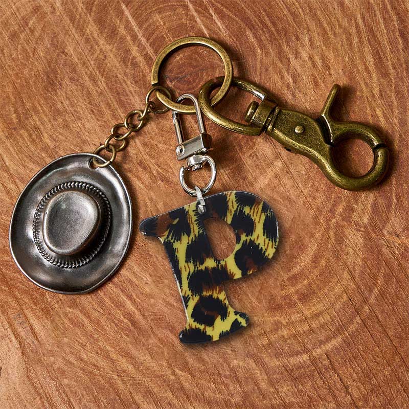 Leopard Print Letter & Cowboy Hat Pendant Keychain - Brass Keychain + Silver Hat - P - image 23