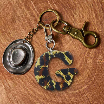 Leopard Print Letter & Cowboy Hat Pendant Keychain - Brass Keychain + Silver Hat - G - image 14