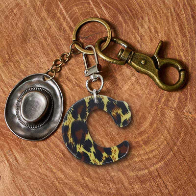 Leopard Print Letter & Cowboy Hat Pendant Keychain - Brass Keychain + Silver Hat - C - image 10