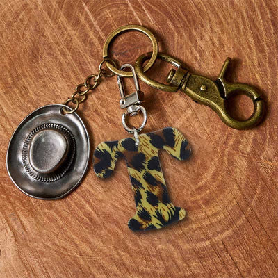 Leopard Print Letter & Cowboy Hat Pendant Keychain - Brass Keychain + Silver Hat - T - image 27