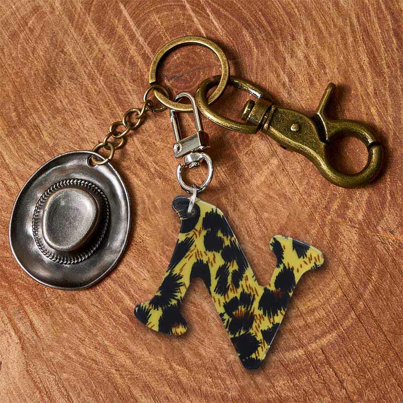 Leopard Print Letter & Cowboy Hat Pendant Keychain - Brass Keychain + Silver Hat - N - image 21