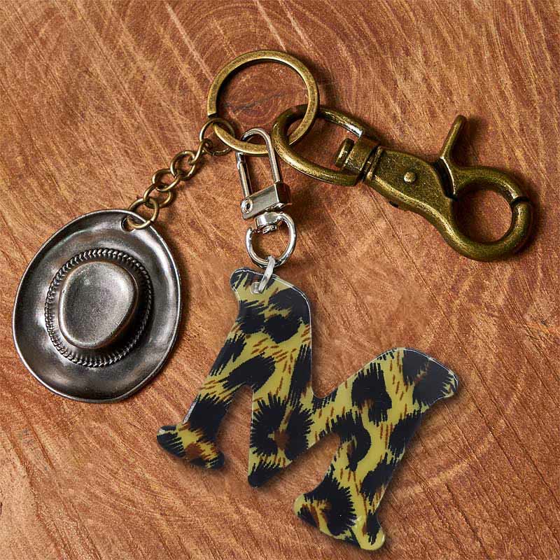 Leopard Print Letter & Cowboy Hat Pendant Keychain - Brass Keychain + Silver Hat - M - image 20