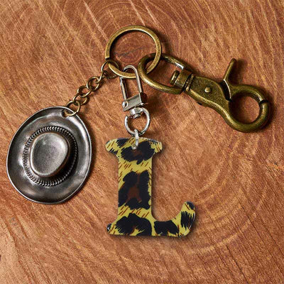 Leopard Print Letter & Cowboy Hat Pendant Keychain - Brass Keychain + Silver Hat - L - image 19
