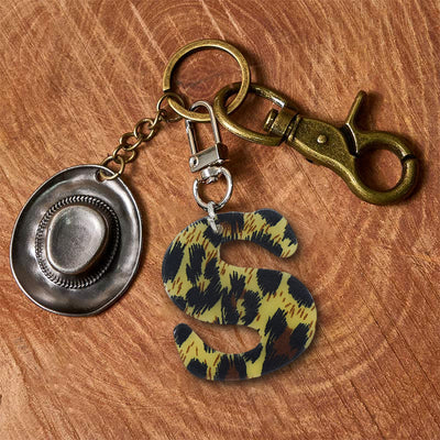 Leopard Print Letter & Cowboy Hat Pendant Keychain - Brass Keychain + Silver Hat - S - image 26