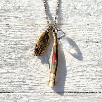 Colorful Handle Outdoor Folding Knife White Crystal Buddha Hand Necklace - Folding Knife Necklace - image 0