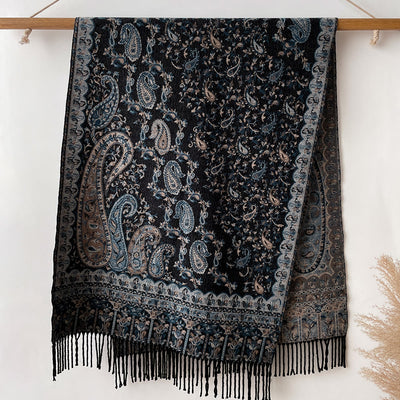 Retro Bohemian Style Cashew Print Shawl Scarf For Warmth - Black - image 3
