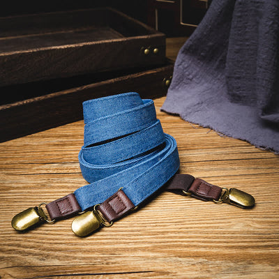 Retro Solid Blue Denim Y-back Elastic Suspenders - image 2