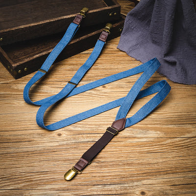 Retro Solid Blue Denim Y-back Elastic Suspenders - image 1