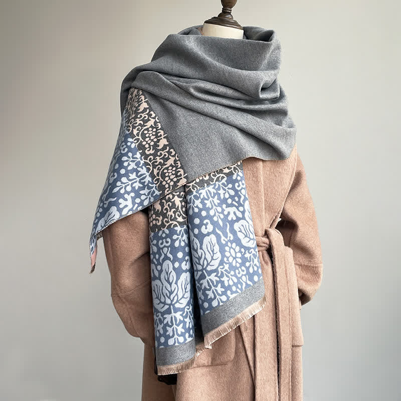 Patchwork-Style Flower Leaves Pattern Warm Scarf - Gray - image 0