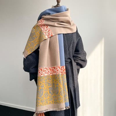 Patchwork-Style Flower Leaves Pattern Warm Scarf - Blue - image 3