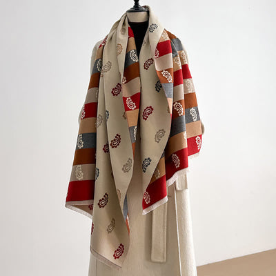 Warm Winter Colorful Paisley & Bold Striped Scarf - Dark Brown - image 3