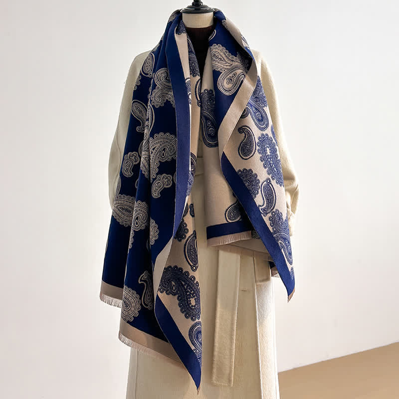 Intricate Paisley Pattern Double Sided Warm Scarf - Navy - image 0