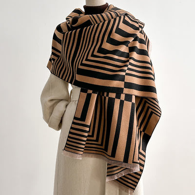Dazzling Geometric Optical-Art Striped Pattern Scarf - Dark Camel - image 7