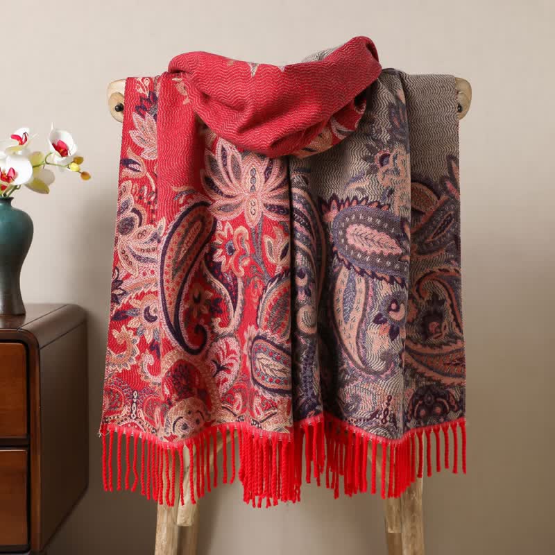 Boho-Chic Aesthetics Paisley Jacquard Tassels Scarf - Red - image 6