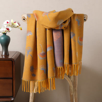 Ginkgo Leaf Pattern Double-Sided Scarf With Tassels - Yellow - image 9
