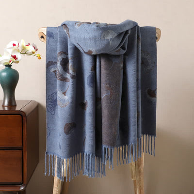 Ginkgo Leaf Pattern Double-Sided Scarf With Tassels - Steel Blue - image 4