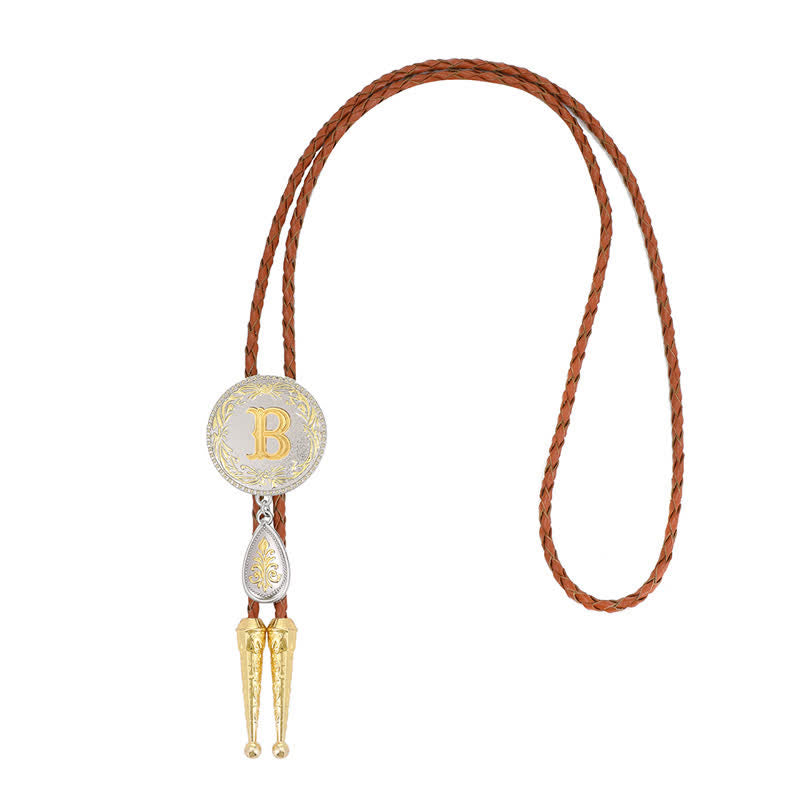 Initial Letter Brown Leather Bolo Tie With Teardrop-Shaped Pendant - image 3