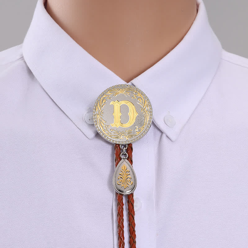 Initial Letter Brown Leather Bolo Tie With Teardrop-Shaped Pendant - Gold - D - image 1