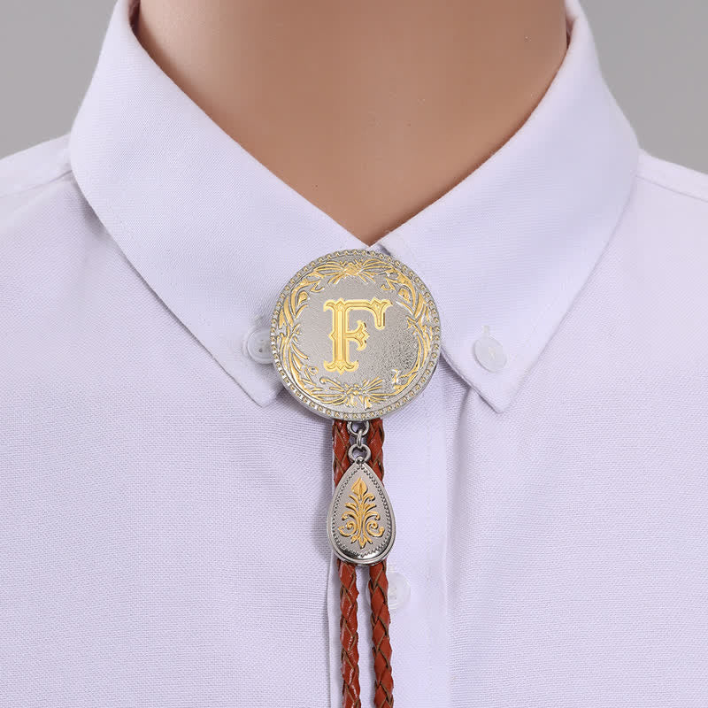 Initial Letter Brown Leather Bolo Tie With Teardrop-Shaped Pendant - Gold - F - image 8