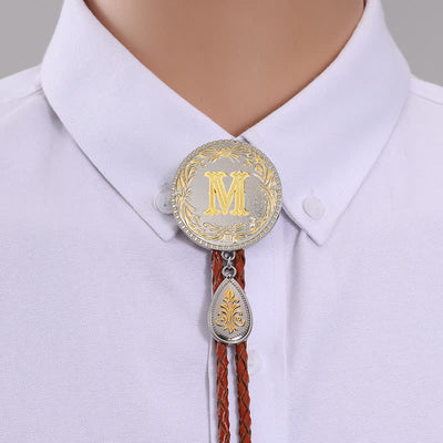 Initial Letter Brown Leather Bolo Tie With Teardrop-Shaped Pendant - Gold - M - image 15