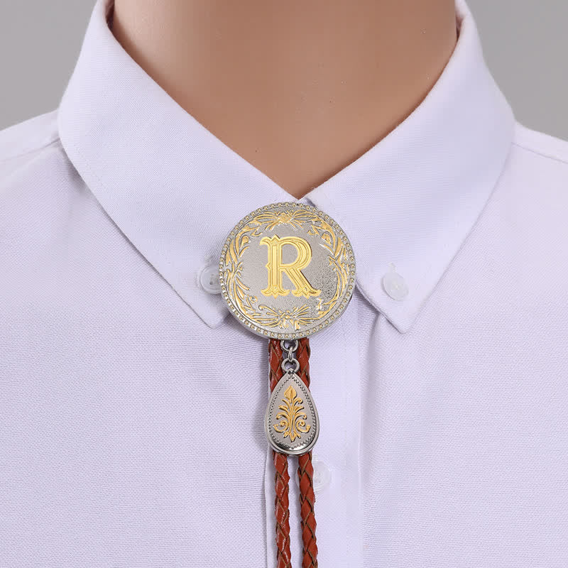 Initial Letter Brown Leather Bolo Tie With Teardrop-Shaped Pendant - Gold - R - image 20
