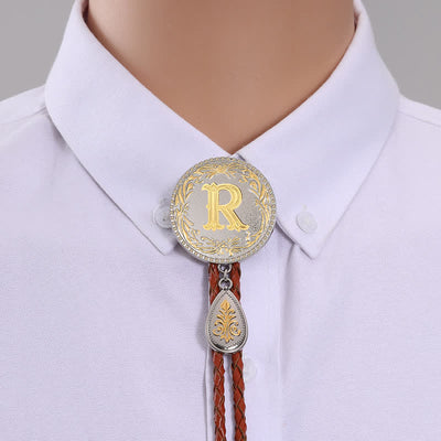 Initial Letter Brown Leather Bolo Tie With Teardrop-Shaped Pendant - Gold - R - image 20
